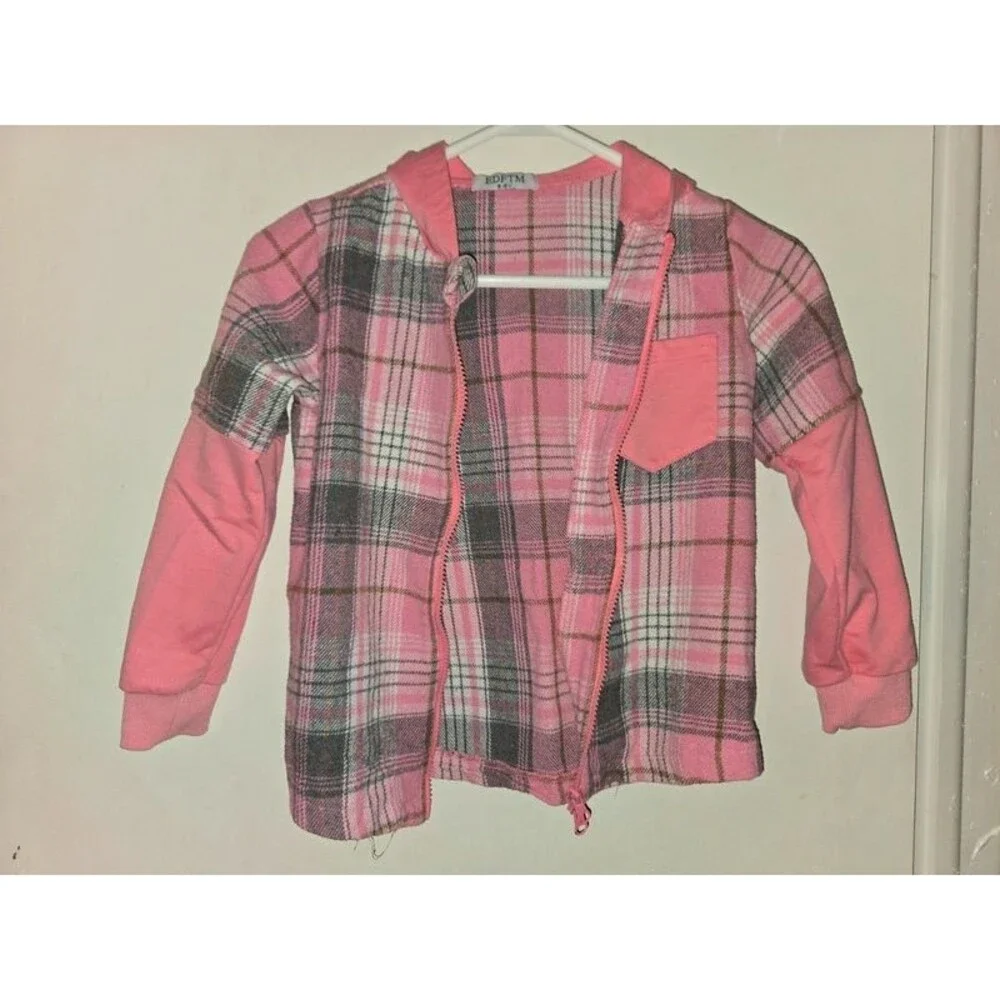Pink & Grey Plaid Zip-Up Hooded Jacket (Size 5-6Y)